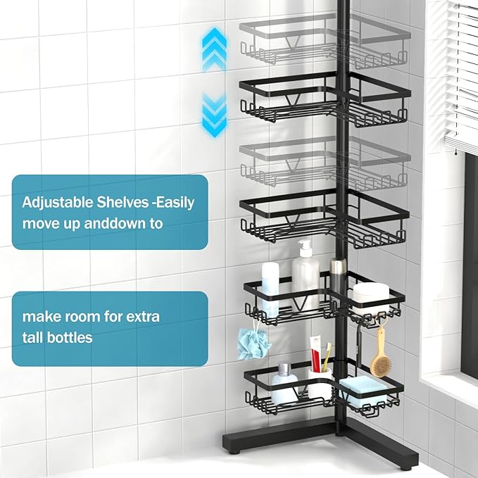 KEGII Corner Shower Caddy Standing – 4-Tier Shower Shelf Organizer with Hooks & Soap Holder, Free-Standing Bathroom Storage Rack for Shampoo & Toiletries, Black