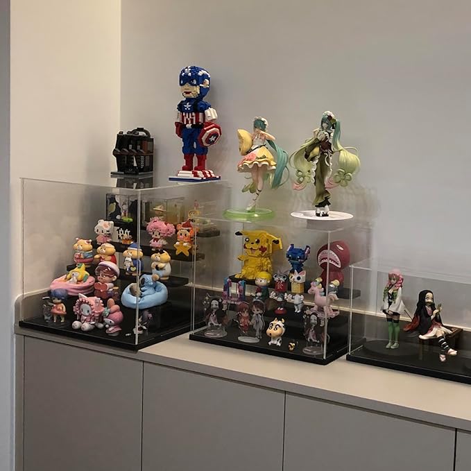 Choowin 3 Tier Clear Acrylic Display Case for Collectibles, Mini Figures, Pop Mart, Labubu, Sonny Angel, Smiski - Assemble Dustproof Acrylic Display Box with Door, Stand (Black Base Step)