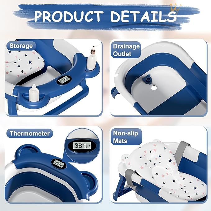TPN Collapsible Baby Bathtub, Baby Bath Tub with Soft Cushion & Real-Time Thermometer, Baby Bathtub Infant to Toddler Tub (0-36 Months), Portable Travel Baby Tubs for Newborns (Navy Blue)