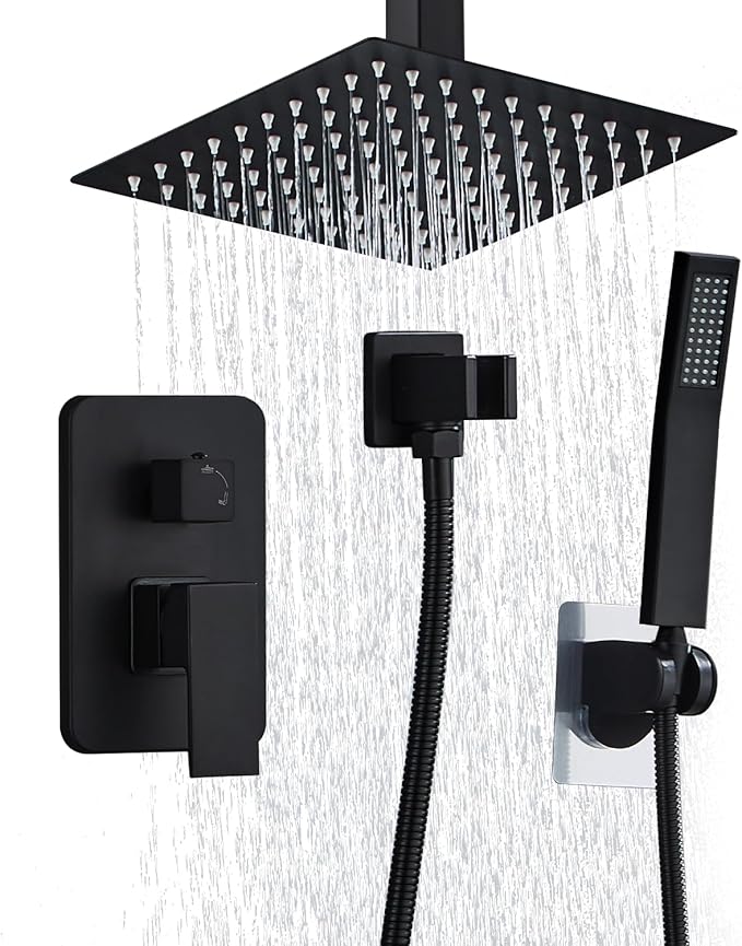 8 Inch Shower Faucet Set Ceiling Mount, High Pressure Rainfall Shower System, Square Rain Shower Head with Handheld Spray Combo, Ceiling Luxury Rainfall Shower Fixtures Matte Black (L-Style)
