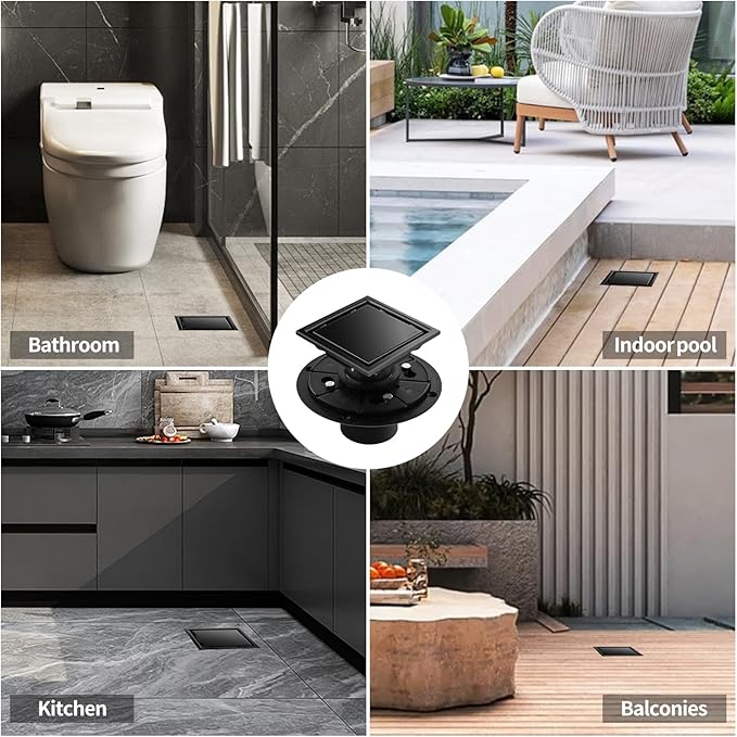 Hidden Brushed Square Shower Floor Drain, Black 4 inch, 304 Stainless Steel, with Flange, Detachable Cover Embedded in Ceramic Tiles