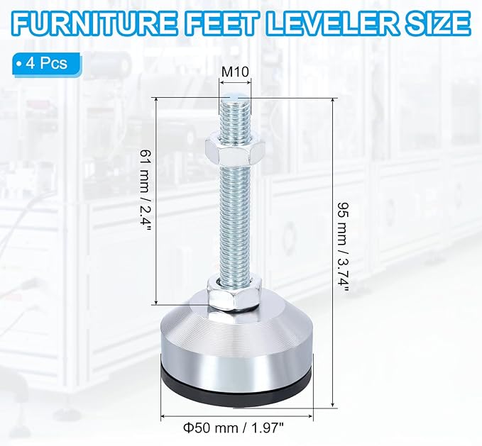 PATIKIL Furniture Leveling Feet 2" Dia Base M10 Thread, 4 Pcs Carbon Steel Adjustable Threaded Furniture Leveler Screw on Leg Leveler with Pads for Desk Chair Cabinet, Black