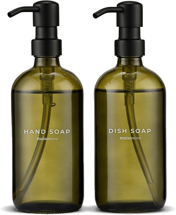 MaisoNovo Soap Dispenser 2-Piece Set | 16.9oz Green Bottles with Black Stainless Steel Pumps