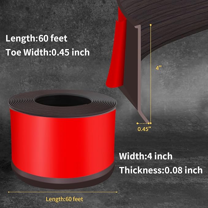 Flexible Baseboard Molding Trim 4 Inch Self-Adhesive Vinyl Wall Base Peel and Stick Cove Base Rubber Wall Baseboard Moulding Trim (60Ft, Dark Walnut Wood Grain)