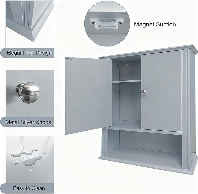 Wall Mounted Bathroom Cabinet Wooden Storage Cabinet with 2 Doors & Adjustable Shelf, Hanging Wall Cabinet Over Toilet, Upper Cabinet Storage Cupboard forBathroom, Kitchen,Laundry Room, Light Grey