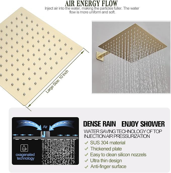 Shower Faucet Set System 10 Inch Shower Head High Pressure Handheld Spray Combo Set with Rough-in Valve for Bathroom and Shower Room, Brushed Gold Finishing