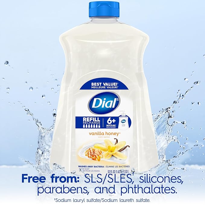 Dial Liquid Hand Soap, Vanilla Honey Scent, 52 Fl Oz Hand Soap Refill (Pack of 3), Dermatologist-Tested, Gentle Formula