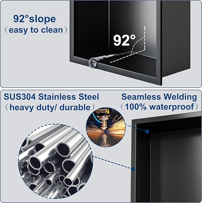 Neodrain 12X36 Inch Shower Niche, Gun Metal 3-Tier Stainless Wall Niche NO Tile Needed Recessed for Bathroom Storage Insert Shower Wall Cabinet Waterproof