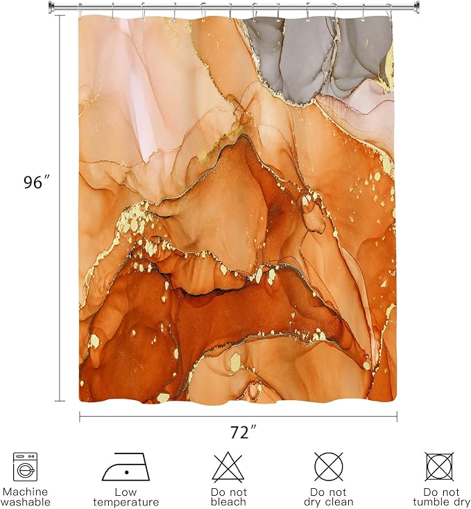 Extra Long Shower Curtain 72 x 96 Inch, Orange Floor to Ceiling X-Long Abstract Marble Shower Curtains for Bathroom, Modern Luxury Art Ink Fabric Shower Curtain Set with Hooks