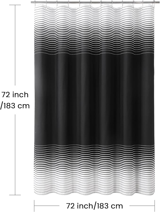 Black Shower Curtain, Modern Black and White Gradient Horizontal Stripe Waterproof Polyester Shower Curtains for Bathroom, 72x72 Inches
