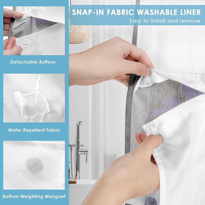 No Hook Rustic Farmhouse Shower Curtain with Snap in Fabric Liner Set, Purple Daisy Flowers and Butterfly on Wooden Double Layers Waterproof with See Through Top Bath Curtain 71x74 Inch