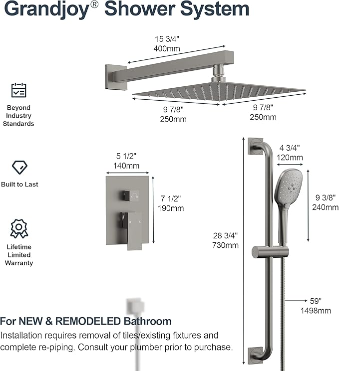 Brushed Nickel 10 Inch Rainfall Shower System with Handheld Spray & Adjustable Slide Bar, Wall Mount Bathroom Shower Faucet Set, Valve Included
