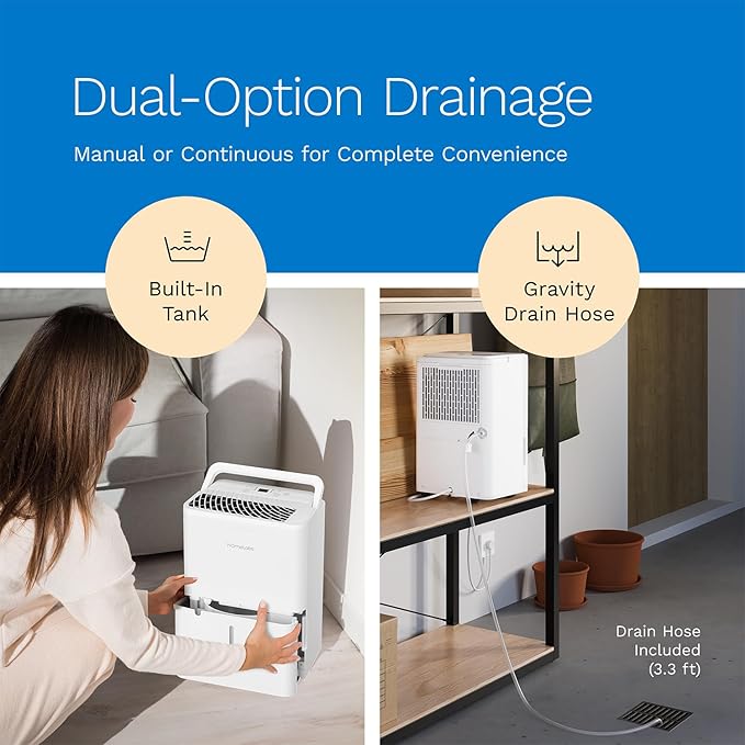 hOmeLabs Dehumidifier - Advanced Humidity & Moisture Control, Quiet, Efficient, Auto Shut-off, Ideal for Home, Basement, Office - 1,800 Sq Ft Wi-Fi (8 Pint MAX 24 Pint at 95°F, 90% RH)