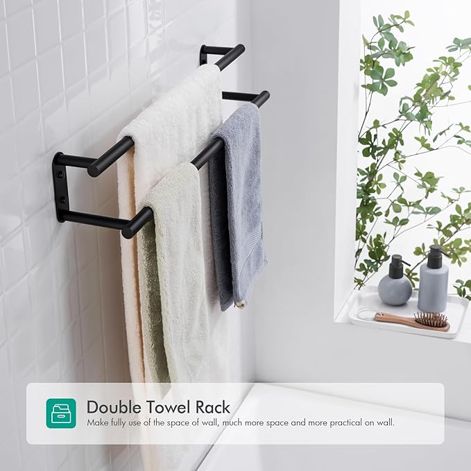BAGNOLUX Double Towel Bar, SUS304 Towel Racks for Bathroom Wall Mounted 2-Tiers Ladder Towel Rails, Space Saving Bathroom Towel Holder Shelves Rack, Long Towel Hanger (24“-Round-Matte Black)