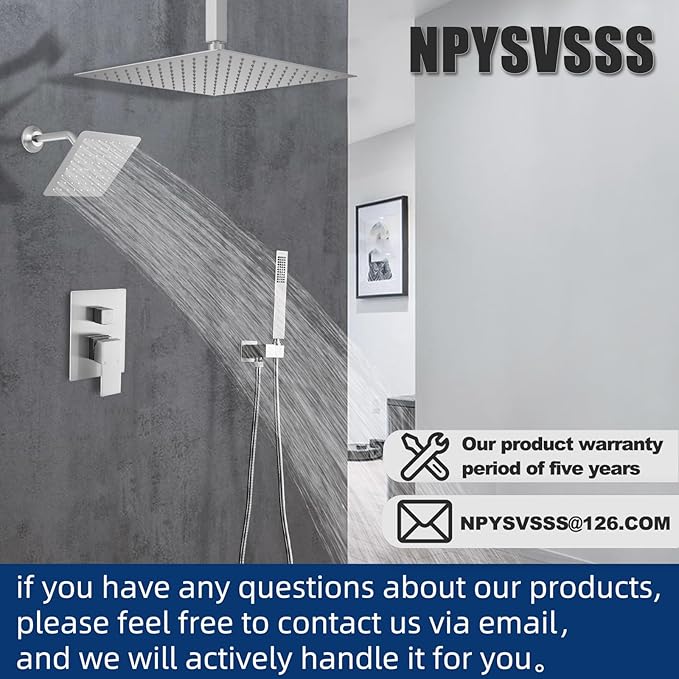 Shower System Dual Shower Heads with 12" Ceiling Mounted Rain Shower Head & 6" Wall Mounted Head Full Body Luxury Rain Shower System 3 Way Pressure Balance Valve Kit, Brushed Nickel