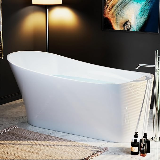 Empava Freestanding Bathtub, 67" Soaking Tub with End Drain & Overflow – Acrylic Tub, Non-Slip Flat Bottom, Glossy White, cUPC Certified