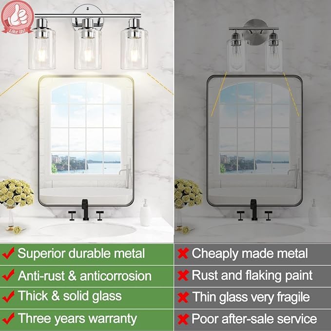 3-Light Bathroom Light Fixtures, Chrome Bathroom Wall Light with Clear Glass Shade, Bathroom Wall Lamp for Mirror Kitchen Living Room Hallway Cabinet