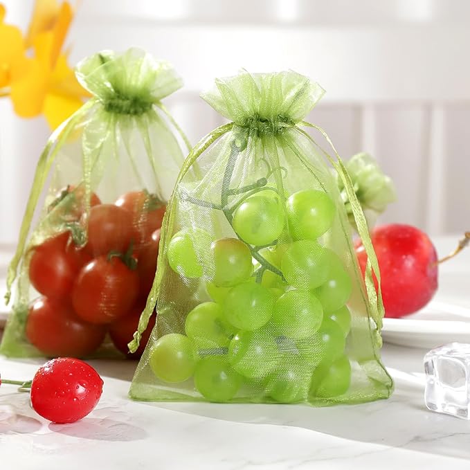 Hopttreely 100Pcs Organza Bags - 4 x 4.72 inch Candy Mesh Gift Bags, Olive Green Satin Drawstring Organza Pouches for Jewelry, Watch, Small Christmas Sachet