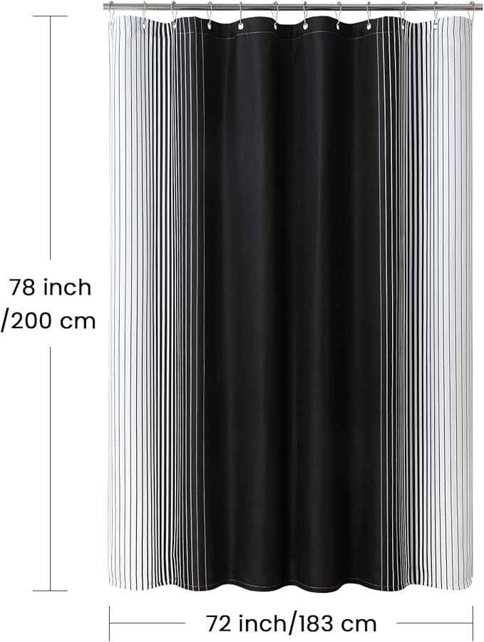 Black Shower Curtain 78 Inches Long, Modern Black and White Gradient Vertical Stripe Waterproof Polyester Shower Curtains for Bathroom, 72x78 Inches
