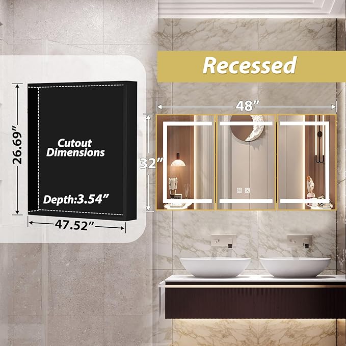 APRILSOUL 48X32 Inch Gold Bathroom Medicine Cabinet with Mirror, Recessed or Surface Lighted Medicine Cabinet with 3 Colors Temperature, Dimmable Light