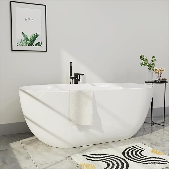 67" Acrylic Freestanding Bathtub, Elegant Oval Free Standing Tub, Soaking Tub with Integrated Slotted Overflow, Toe-Tap Chrome Drain, cUPC Certified, Glossy White