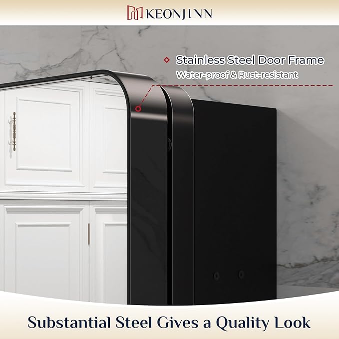Keonjinn 40 x 32 Inch Large Black Medicine Cabinets, Recessed Bathroom Medicine Cabinet, Gloss Black Stainless Steel Framed, Sturdy & Heavy, Adjustable Shelves, Oversized Bathroom Mirror with Storage