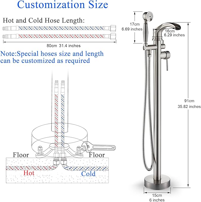 Senlesen Brushed Nickel Bathroom Single Handle Freestanding Bathtub Faucet Floor Mounted Waterfall Tub Filler with Hand Shower Set