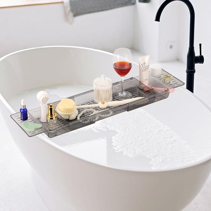 2 Pack Bathtub Tray Caddy - Expandable Bath Tray for Tub Bath Table Trays Storage Rack with Book and Wine Glass Holder, Bathroom Accessories for Spa, Gray