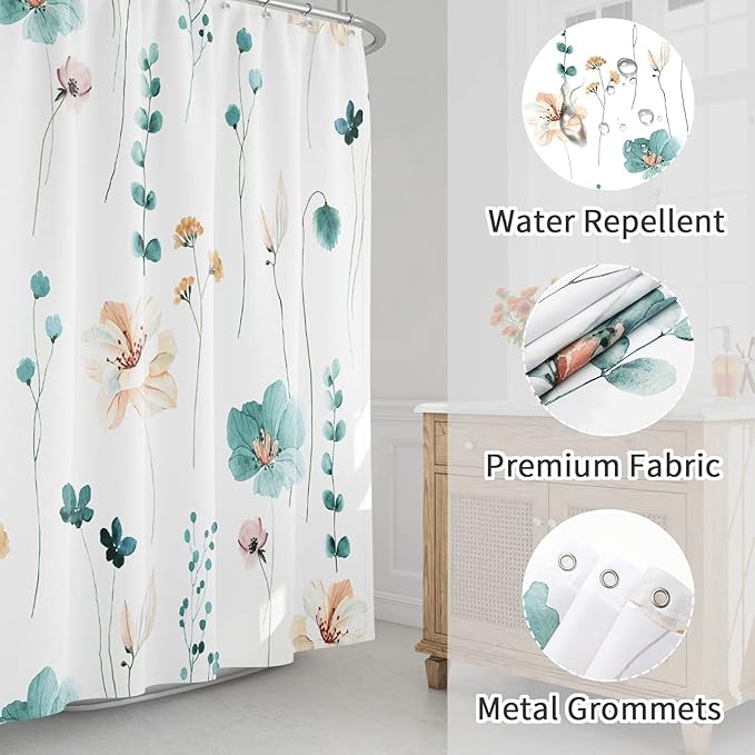 Gibelle Watercolor Floral Shower Curtain, Teal Beige Flower Shower Curtain for Bathroom, Modern Minimalist White Waterproof Fabric Shower Curtain Set 72x72 Inch