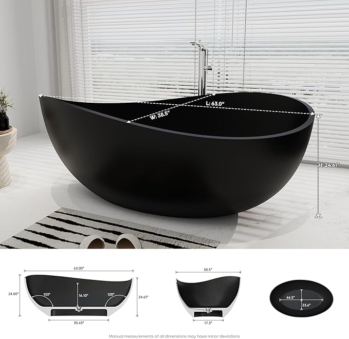SJ STAR&JANE 63" x 38" Solid Surface Freestanding Bathtub, Oval Soaking Tub with Overflow and Pop-up Drain for Bathroom Matte Black