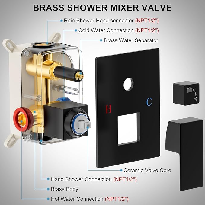 Black Shower System, Shower Faucet Set Bathroom Square Rain Shower Head and Handle Set, Wall Mounted Shower Fixtures With Shower Valve and Trim Kit 10 inch Matte Black