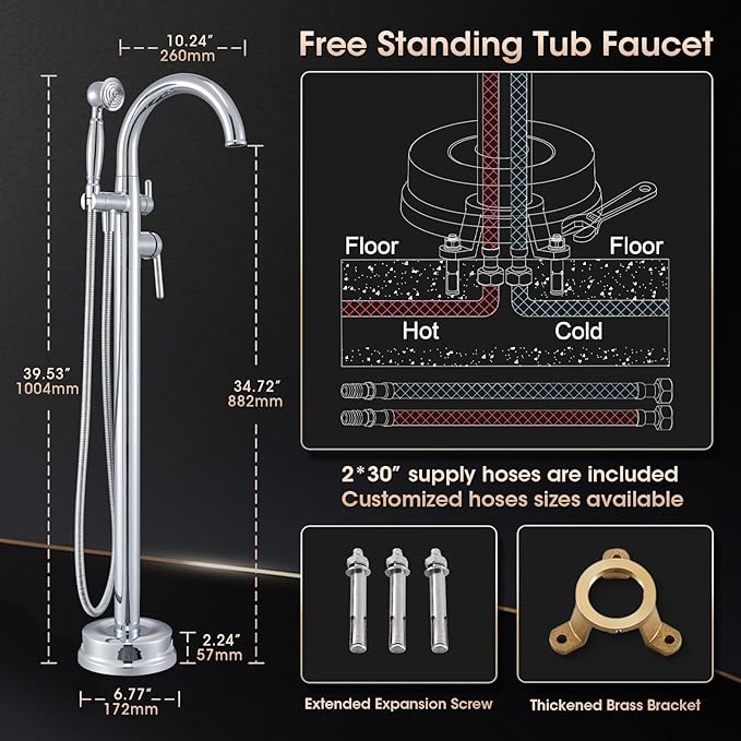Free Standing Bathtub Faucet Brass Bathtub Faucets High Flow Soaker Tub Faucet with Vintage Handheld Sprayer Polished Chrome