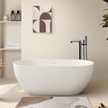 SJ STAR&JANE 59" Solid Surface Freestanding Bathtub, Matte White Oval Soaking Stone Resin Tub with Overflow and Pop-up Drain for Modern Bathrooms