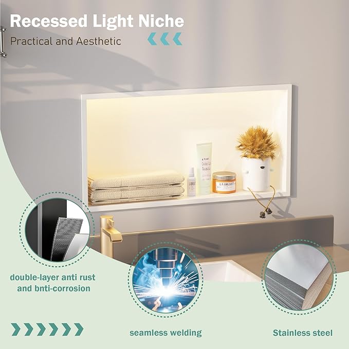 24"x12" Lighted Shower Niche ，Stainless Steel Waterproof Shower Storage with Lighting ，No Tile Needed ，Matte White （ 24 x 12 in）
