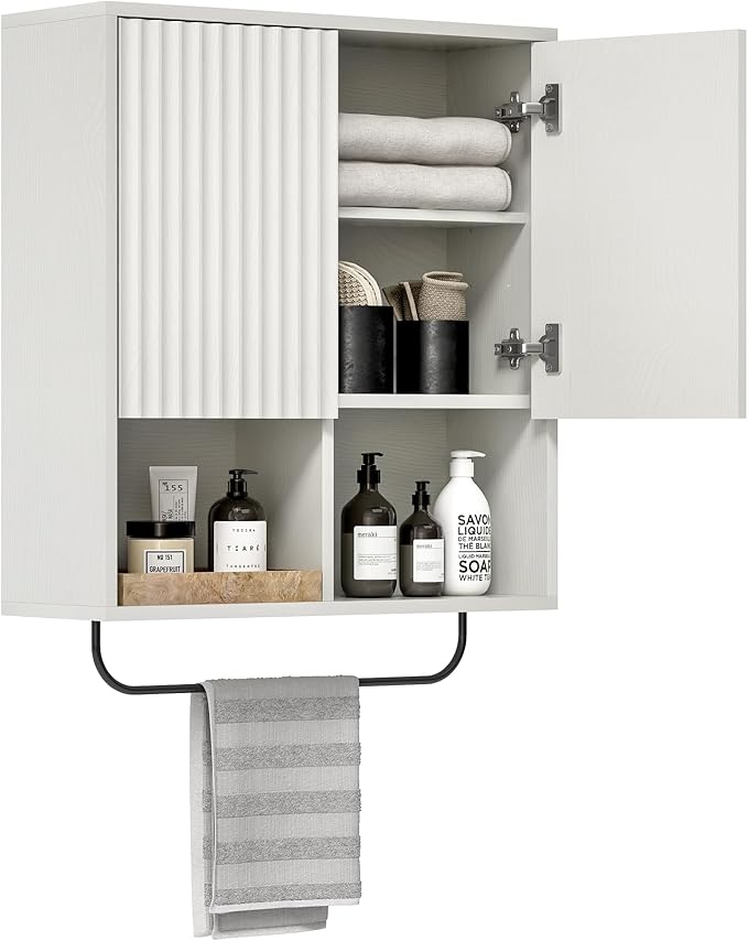 Fluted Wall Cabinet Set of 2, Wooden Bathroom Medicine Cabinet Storage with 2 Doors, Adjustable Shelf and Towels Bar, Modern Wall Mount Large Floating Cabinet for Kitchen White