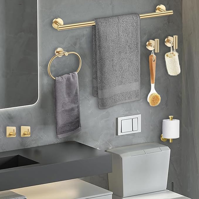 Brushed Gold Bathroom Accessories Set, 7 Pieces Gold Towel Bar Bathroom Hardware Set, 31.5 Inch Towel Racks for Bathroom, SUS304 Stainless Steel Bathroom Towel Holder Toilet Paper Holder Wall Mounted