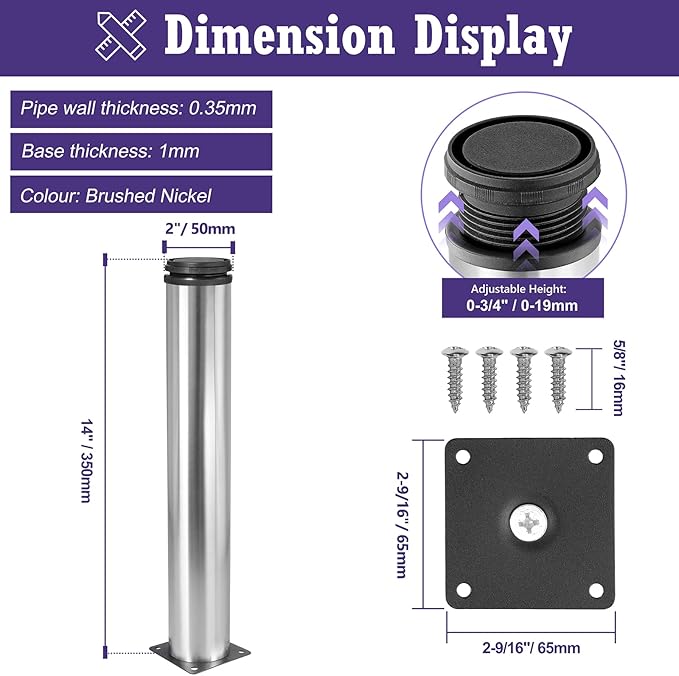 14 Inch Metal Furniture Legs Stainless Steel Adjustable Legs Silver Metal Legs Round Cabinet Legs for Coffee Table Cabinet Desk Sofa Shelves, Pack of 4