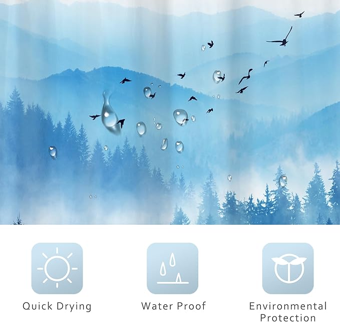 Riyidecor Navy Blue Mountain Shower Curtain 72Wx84H Inch Extra Long Woodland Scenery Park Scene View Natural Foggy Pine Tree Alpine Cool Men Bathroom Decor Fabric Polyester Waterproof 12 Pack Hooks