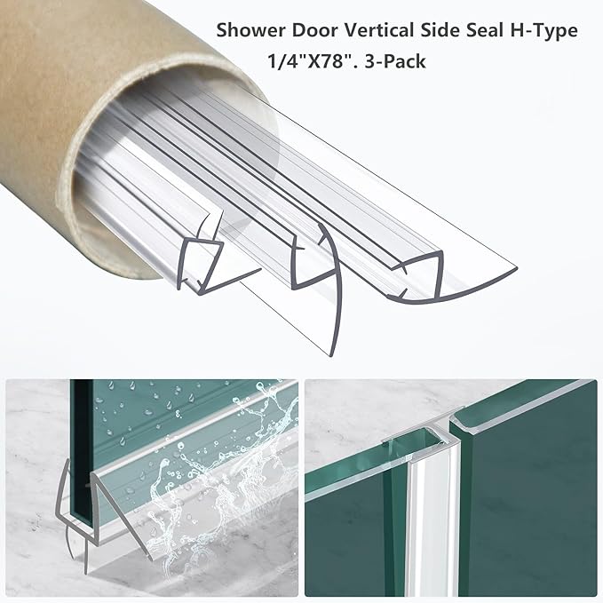 Shower Door Bottom&Side Seal Set 3PCS, 78" (1981mm) Length H-Type PVC Strip for 1/4" (6mm) Thick Frameless Glass Door, to Stop Water Leaks