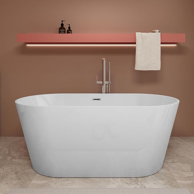 67 inch Freestanding Soaking Bathtub, Modern Stand Alone Free Standing Acrylic Tub with Center Drain & Overflow, Glossy White
