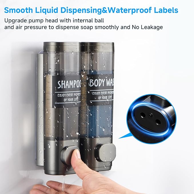 Shampoo and Conditioner Dispenser,GlintGath Shower Dispenser 2 Chamber No Drill Shampoo Dispenser for Shower Wall Mounted Shower Soap Dispenser for Bathroom Hotel,2 * 300ML,Gun Gray