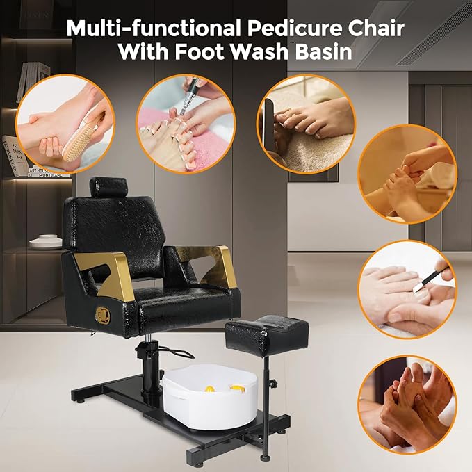 Pedicure Chair with Stool & Massage Foot Bath, 360° Swivel Pedicure Station Hydraulic Adjustable Height No Plumbing for Foot Spa Black