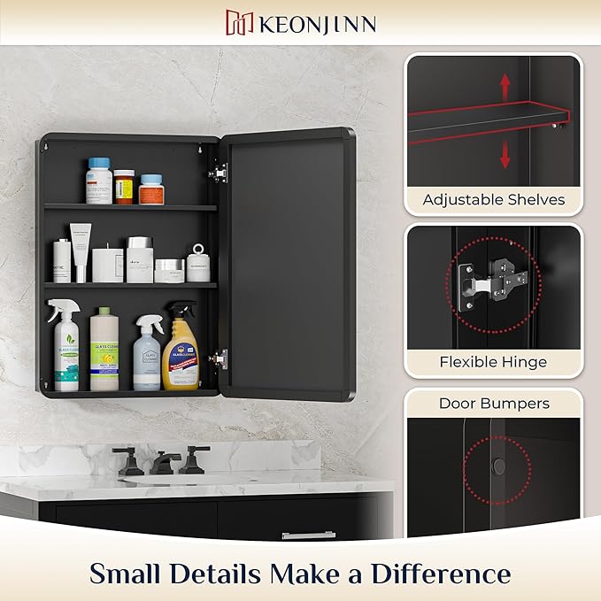 Keonjinn 20 x 32 Inch Black Mirrored Medicine Cabinet, Recessed Medicine Cabinets for Bathroom, Gloss Black Stainless Steel Framed, Adjustable Shelves, In Wall or Surface Mount, Sturdy & Heavy, Modern