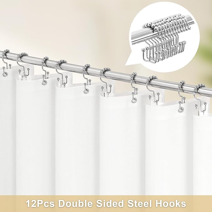MitoVilla 3 in 1 Shower Curtain Set, White Boho Farmhouse Linen Textured Bath Curtain and Clear PEVA Liner Set with 12 Double Sided Steel Hooks, Waterproof Fabric Hotel Bathroom Curtain - 72x72