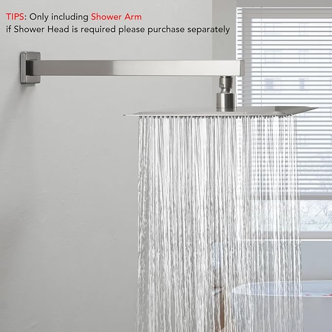BESy 14 Inches Straight Extended Shower Arm With Flange, Rain Shower Head Extension Arms, Square Shower Rod Shower Head Extender Arm Shower Pipe Extension, Wall-Mounted Brushed Nickel Stainless Steel