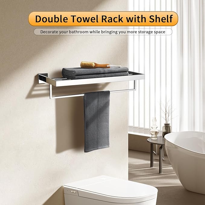 24 Inch Towel Racks for Bathroom - Wall Mounted Bright Polished Finish, Stainless Steel Single Towel Bar with Shelf, Hotel-Style Bathroom Towel Storage Organizer for Home Lavatory