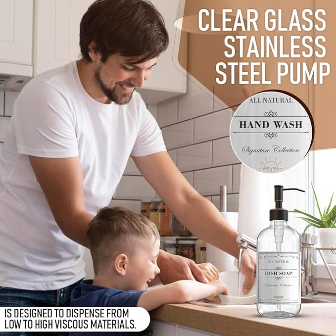 2 Pack Clear Glass Soap Dispenser 16 OZ with Oil Rubbed Bronze Stainless Steel Pump, Hand and Dish Soap Dispenser Set for Bathroom and Kitchen Sink with 6 Waterproof Labels
