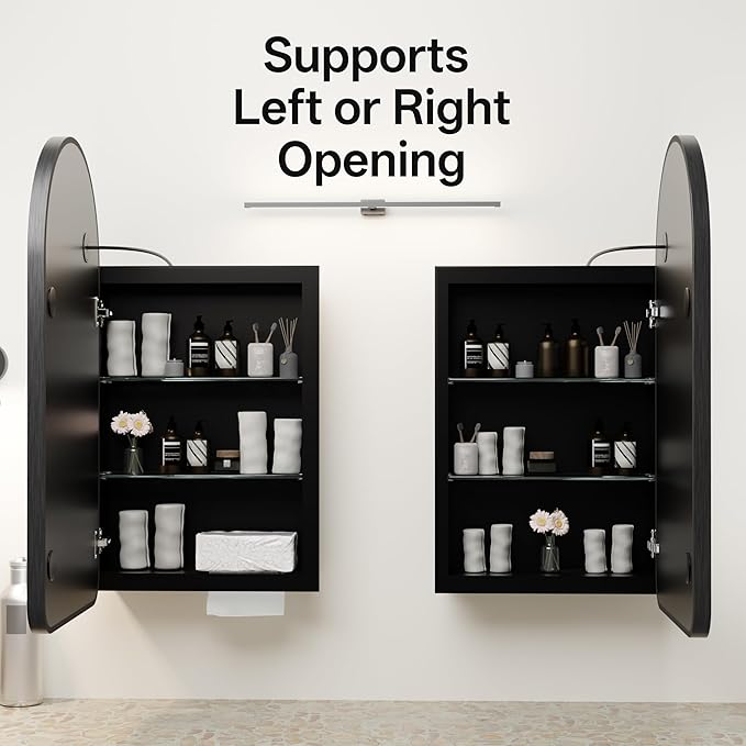 LED Arched Bathroom Medicine Cabinet with Mirror, No Assembly Needed, Recessed or Surface Mount Wall Storage Cabinet, Mirror Cabinet with Tissue Slot (Black-LED, 31.5" L x 19.7")