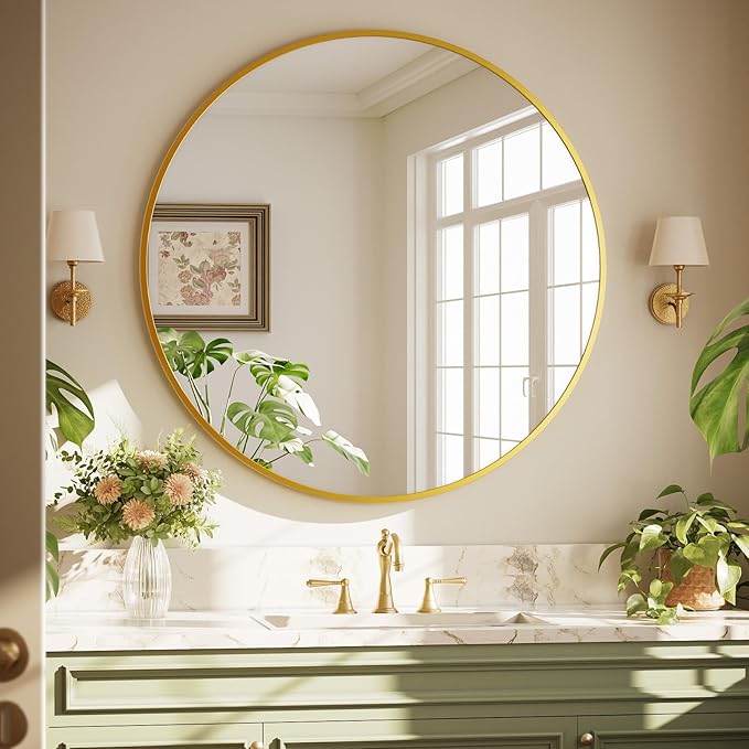42 Inch Round Gold Metal Wall Mirror - Stylish Circle Mirror for Entryway, Bathroom, and Living Room Decor | Matte Gold Circle Wall Mirror