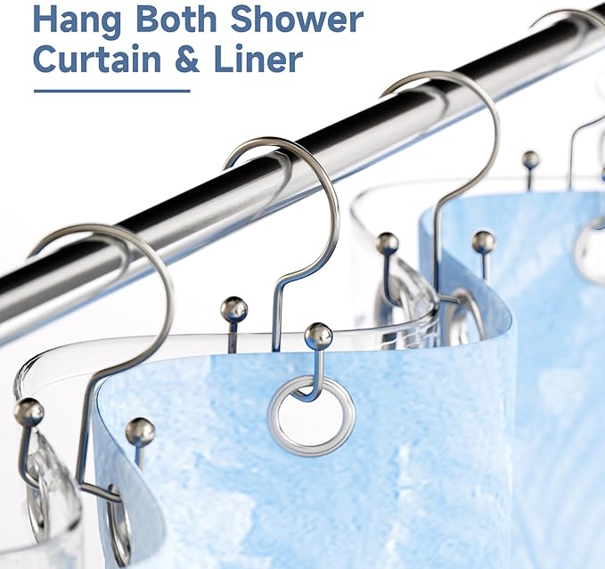 Titanker Shower Curtain Hooks Nickel, Minimalist Simple Double Glide Shower Curtain Rings, Rust Proof Metal Shower Hooks Rings for Bathroom Shower Rods Curtains, Set of 12 Hooks